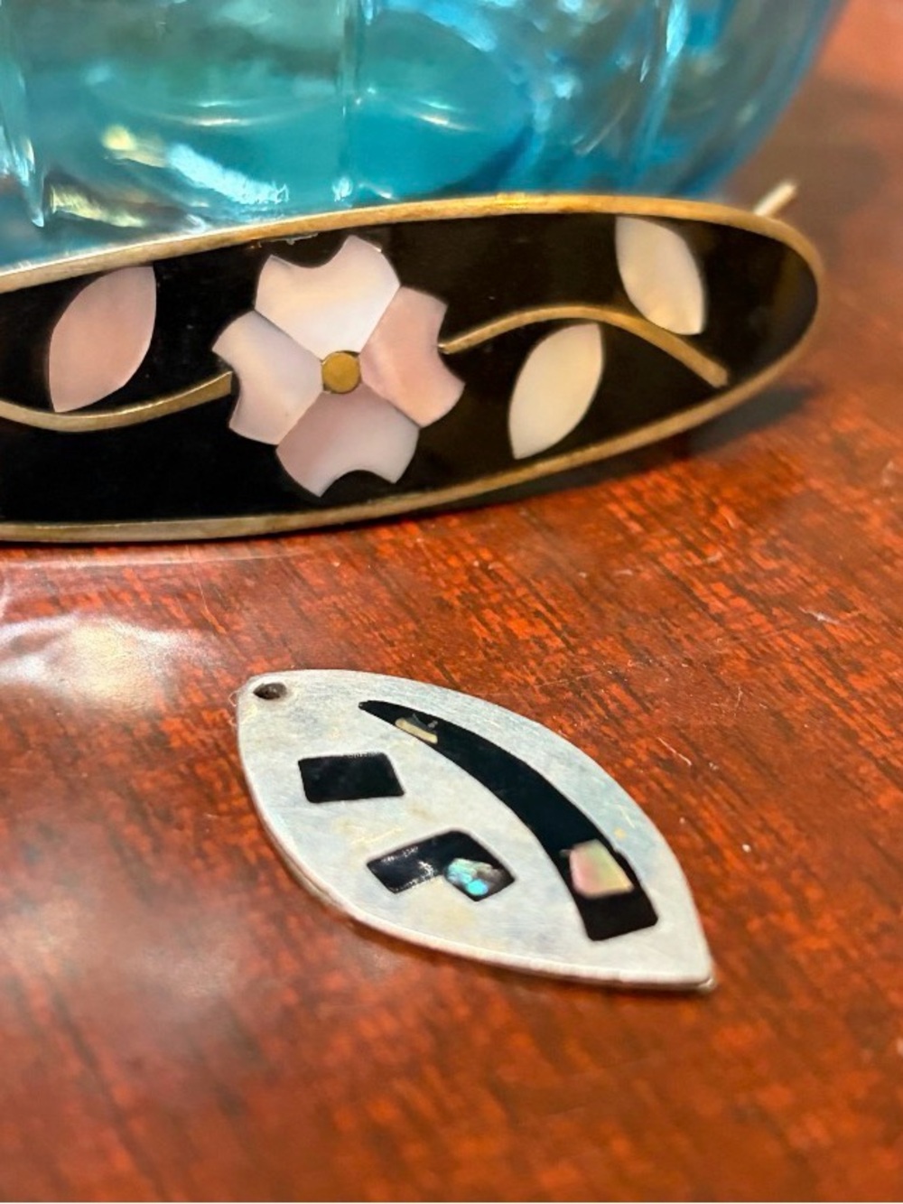 Alpaca vintageEnamel Floral Barrette with Pink Mother-of-Pearl Inlay & pendant